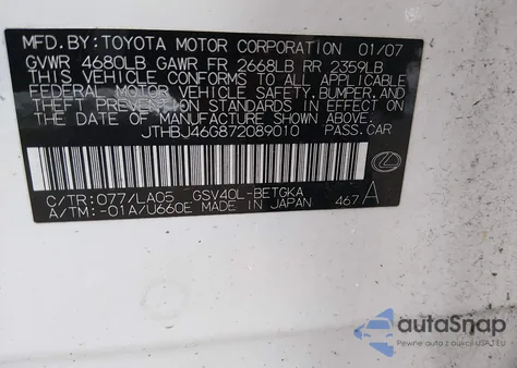 2007 Lexus Es 350 z USA, uszkodzony, nr VIN JTHBJ46G872089010